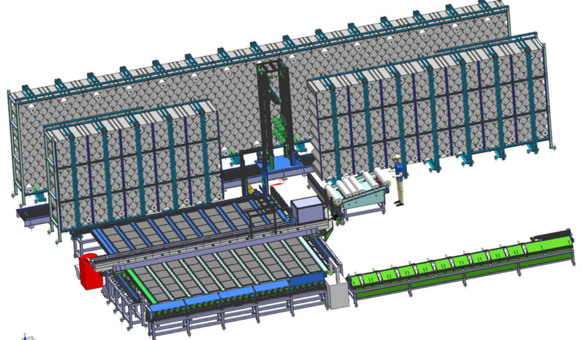 Impianto con magazzino per la lavorazione di tendaggi